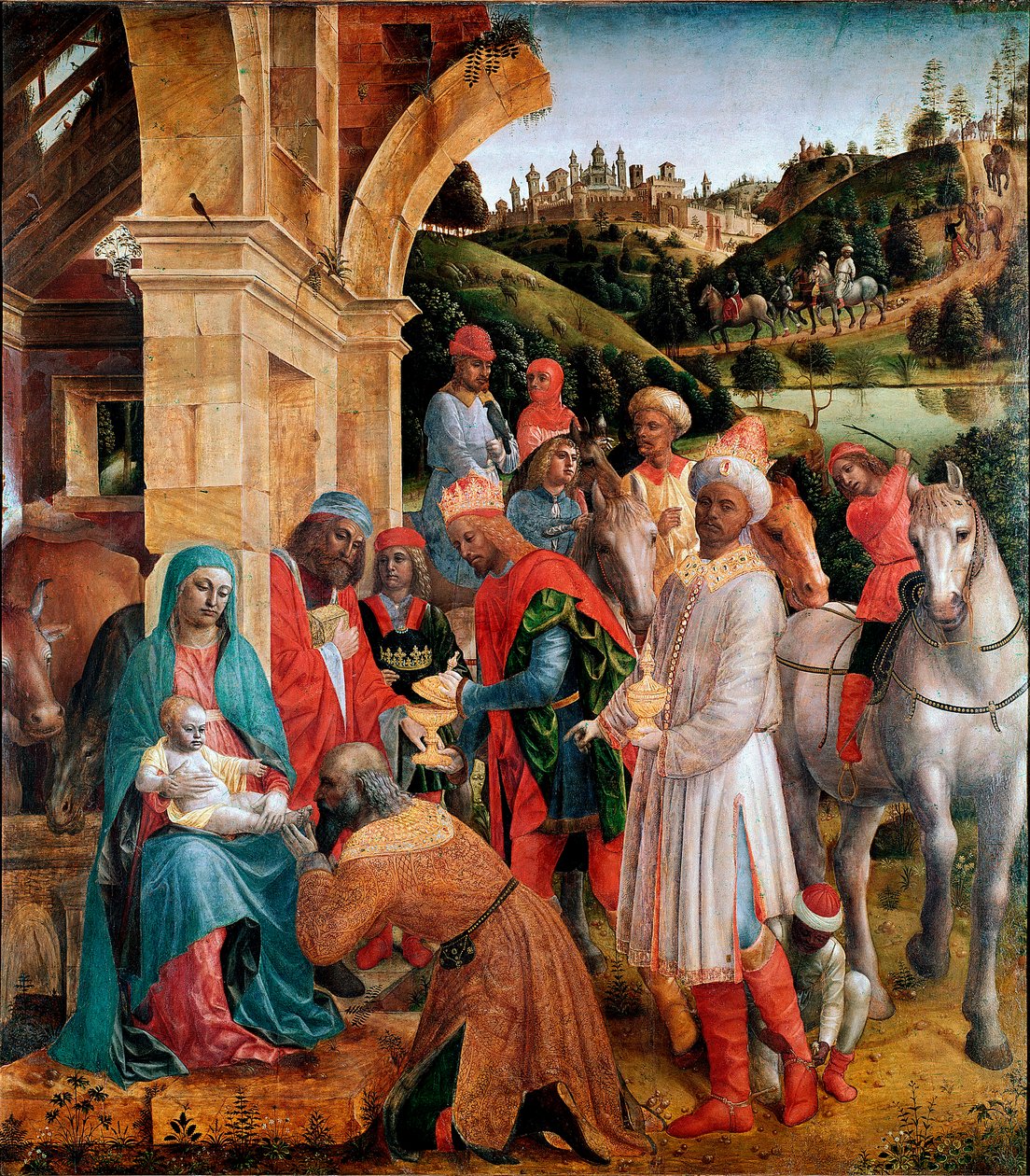 Tillbedjan av Magi Målning av Vincenzo Foppa (ca 1427-1515) Sön. 239x210 cm London, National Gallery - The Adoration of the Kings, av Vincenzo Foppa (c.1427-c.1515). Olja på poppel, 239x210 cm, c.1500. National Gallery, London, Storbritannien av Vincenzo Foppa