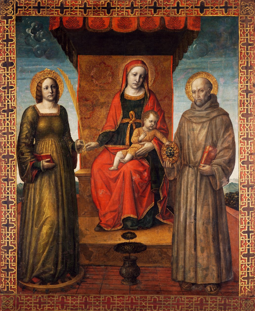 Madonna och barn tronade med heliga Bernardino och Katarina av Alexandria, baksidan av processionsbanern Orzinuovi, av Vincenzo Foppa (ca1427 - ca1515), målning på duk. av Vincenzo Foppa