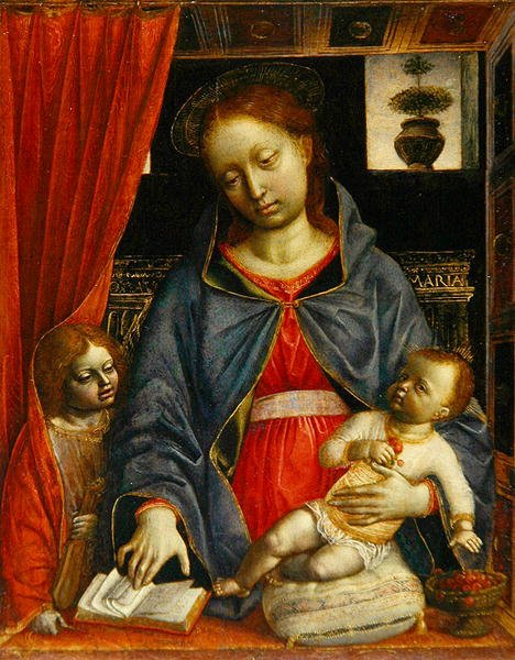 Madonna och barn med en ängel, ca 1479 (tempera på panel) av Vincenzo Foppa