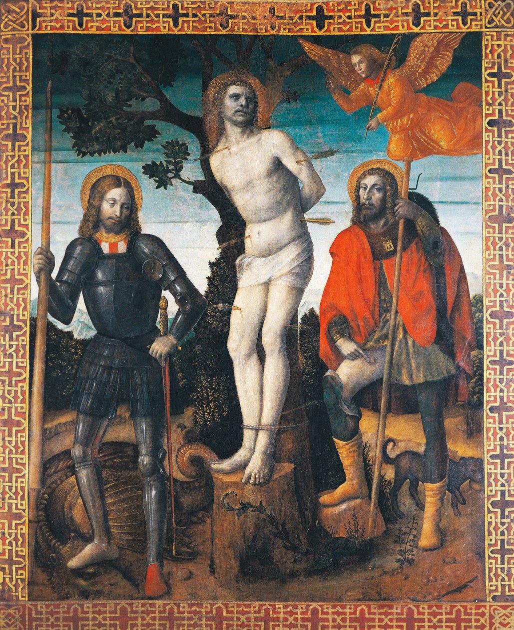 St Sebastian, St Rocco och St Giorgio, baksidan av processionsbanern Orzinuovi, av Vincenzo Foppa (ca1427 - ca1515), målning på duk. av Vincenzo Foppa