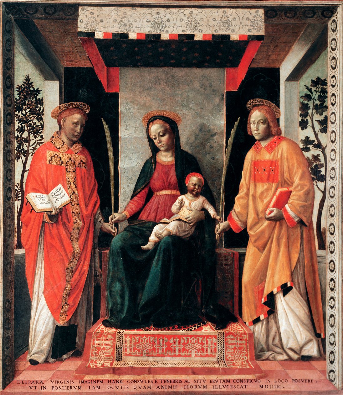 Jungfru och barn omgiven av heliga Faustin och Giovita (Faustino och Giovitas beskyddare av Brescia) Målning av Vincenzo Foppa (ca.1427-ca.1515) Brescia, Pinacoteca Tosio Martinengo Italien av Vincenzo Foppa