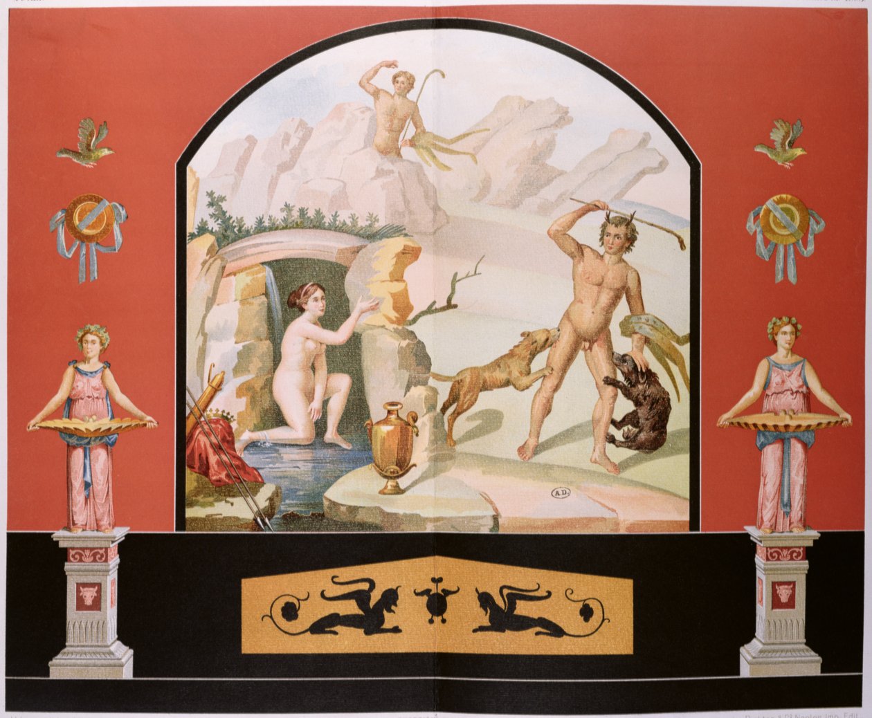 Actaeon upptäcker gudinnan Diana i hennes bad, rekonstruktion av en fresco i Sallusts hus i Pompeji av Vincenzo Loria