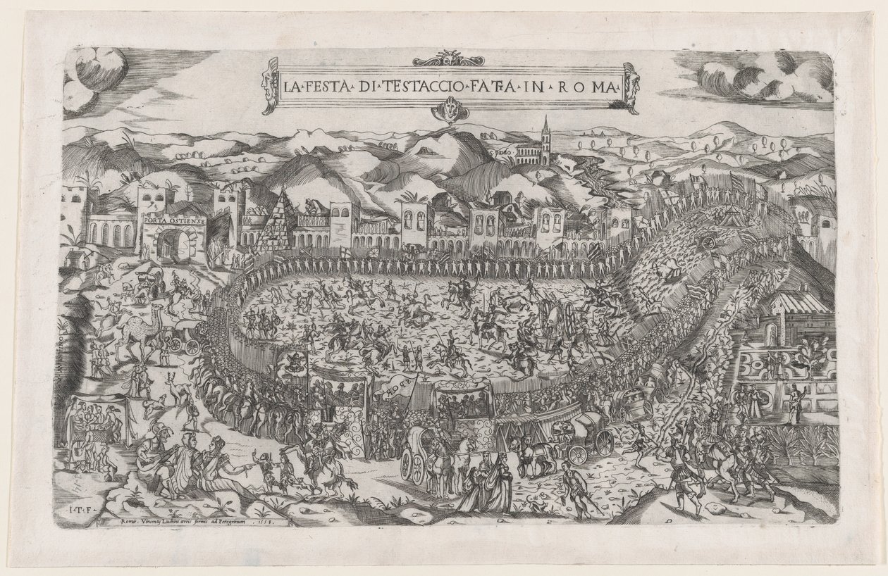 Mirror of Roman Magnificence: Karnevalsspel som hölls i Mount Testaccio i Rom, 1558., 1558 av Vincenzo Luchino