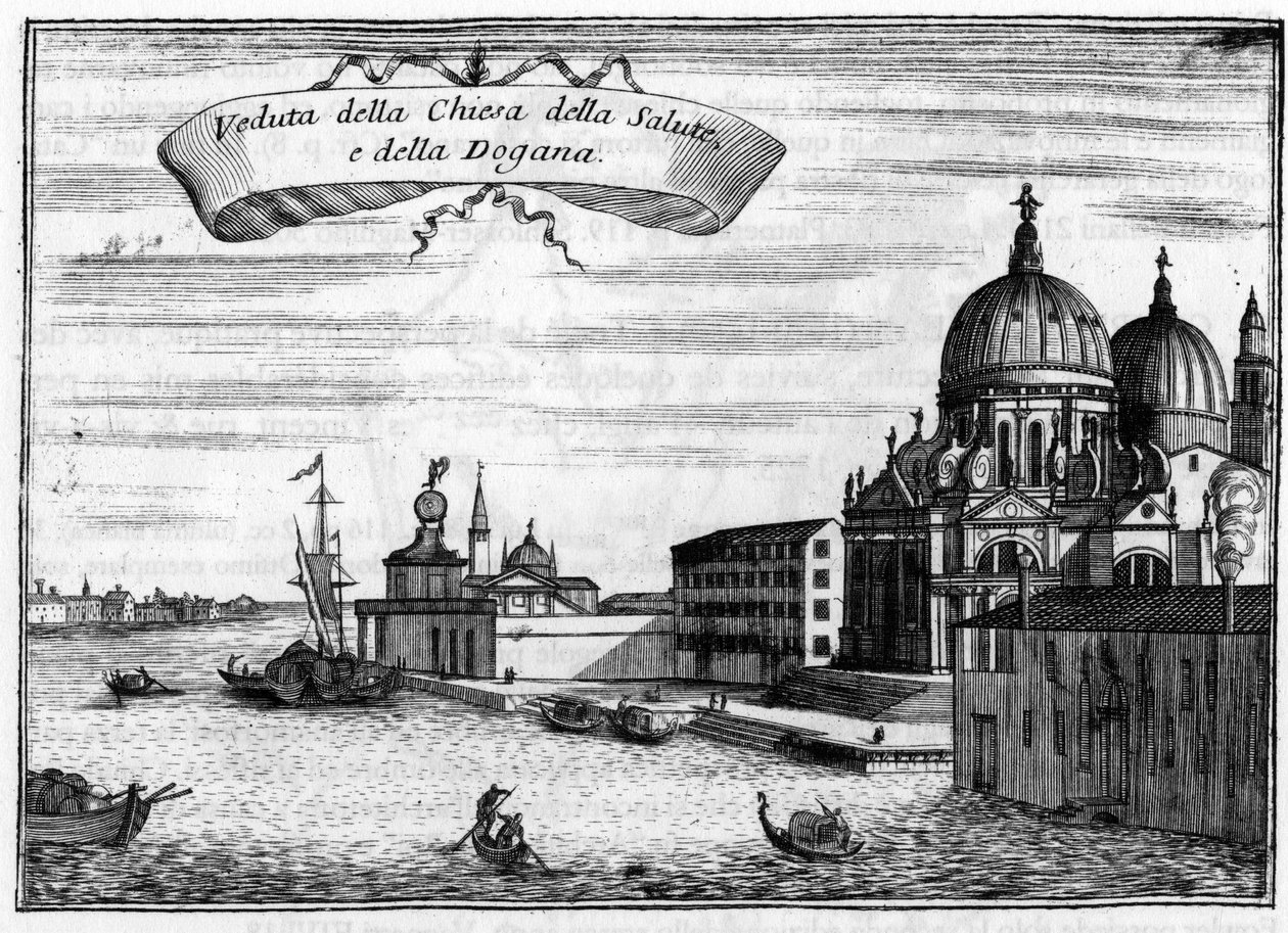 Venedig, Italien. Kyrkan Santa Maria della Salute designad av arkitekten Baldassare Longhena, och sjöfartstullen. I "" Singularity of Venice "" av Vincenzo Coronelli (1650-1718). av Vincenzo Maria Coronelli