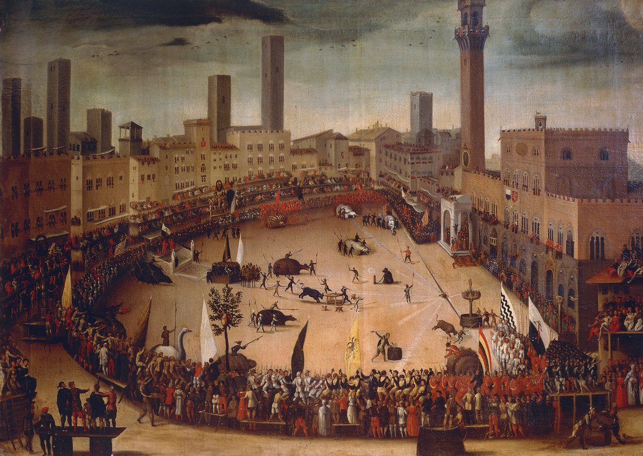 Tjurjakt på Piazza del Campo 1546, cirka 1585, målning av Vincenzo Rustici (1556-1632), olja på duk av Vincenzo Rustici