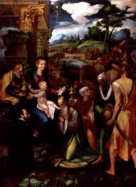 Tillbedjan av Magi med en donator (olja och tempera på panel) av Vincenzo da (d.1557) Pavia
