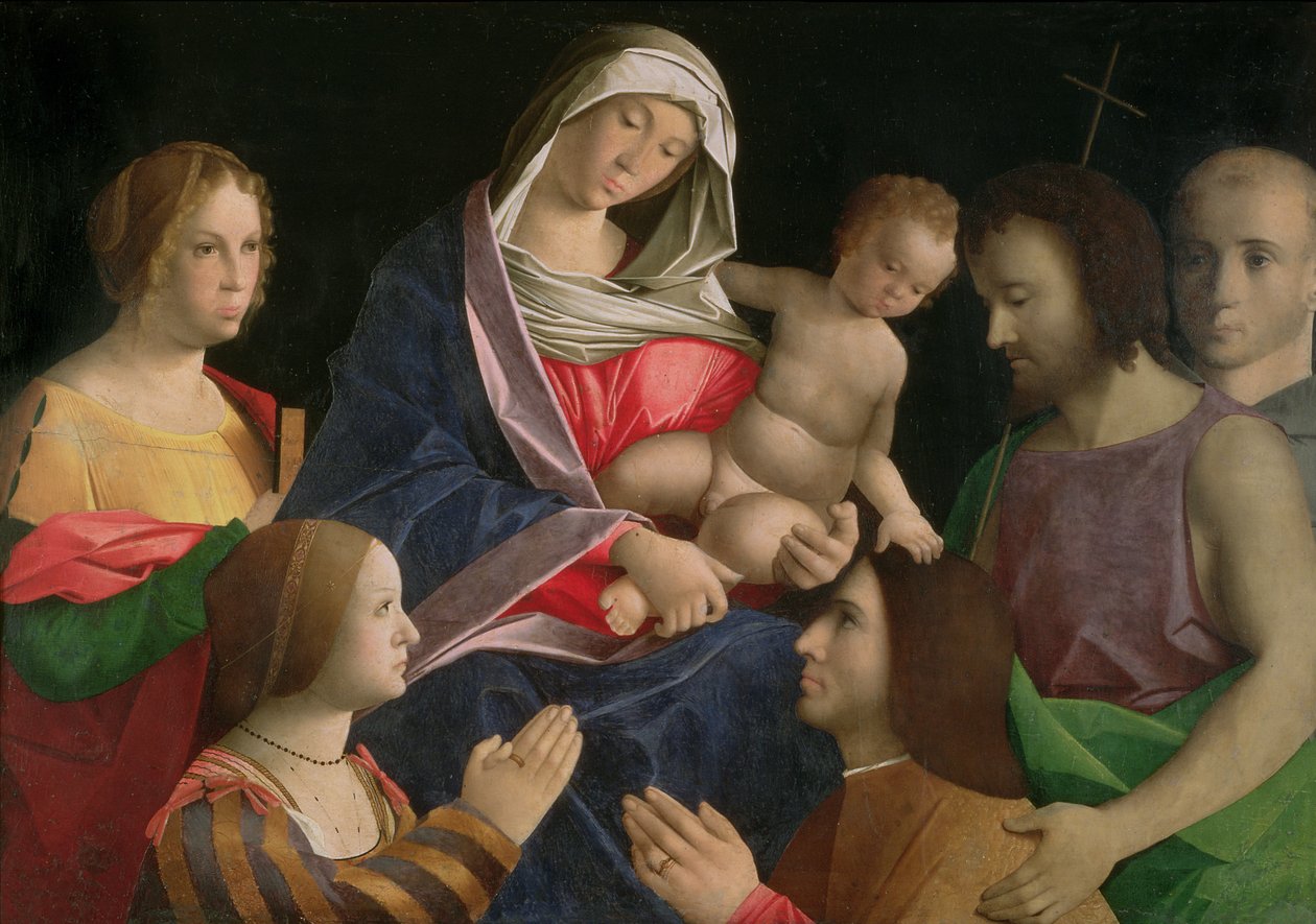 Madonna och barn med Johannes Döparen, två heliga och donatorer av Vincenzo di Biagio (follower of) Catena