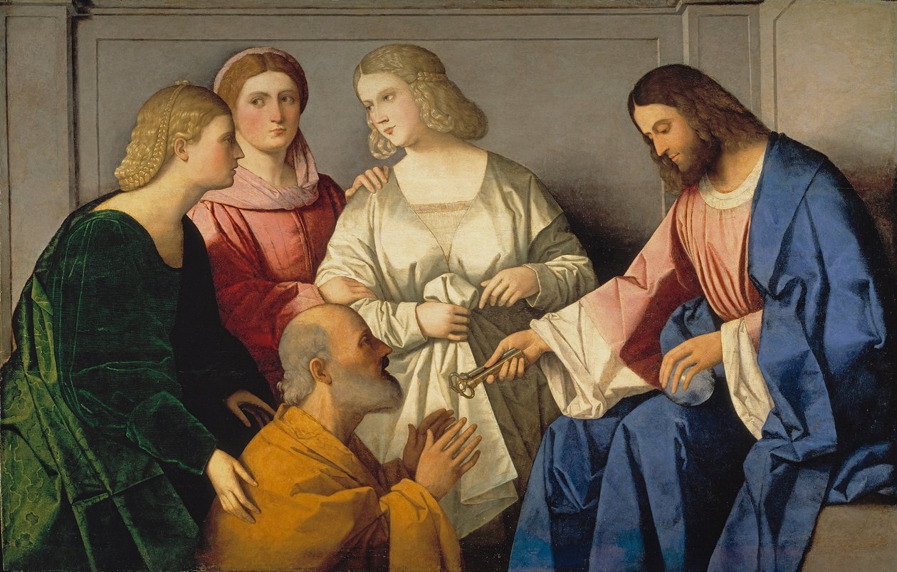 La Remise des clefs a saint Pierre - Kristus som ger nycklarna till Sankt Peter - Catena, Vincenzo di Biagio (ca.1470-1531) - ca. 1520 - Olja på trä - 86x135 - Museo del Prado, Madrid av Vincenzo di Biagio Catena