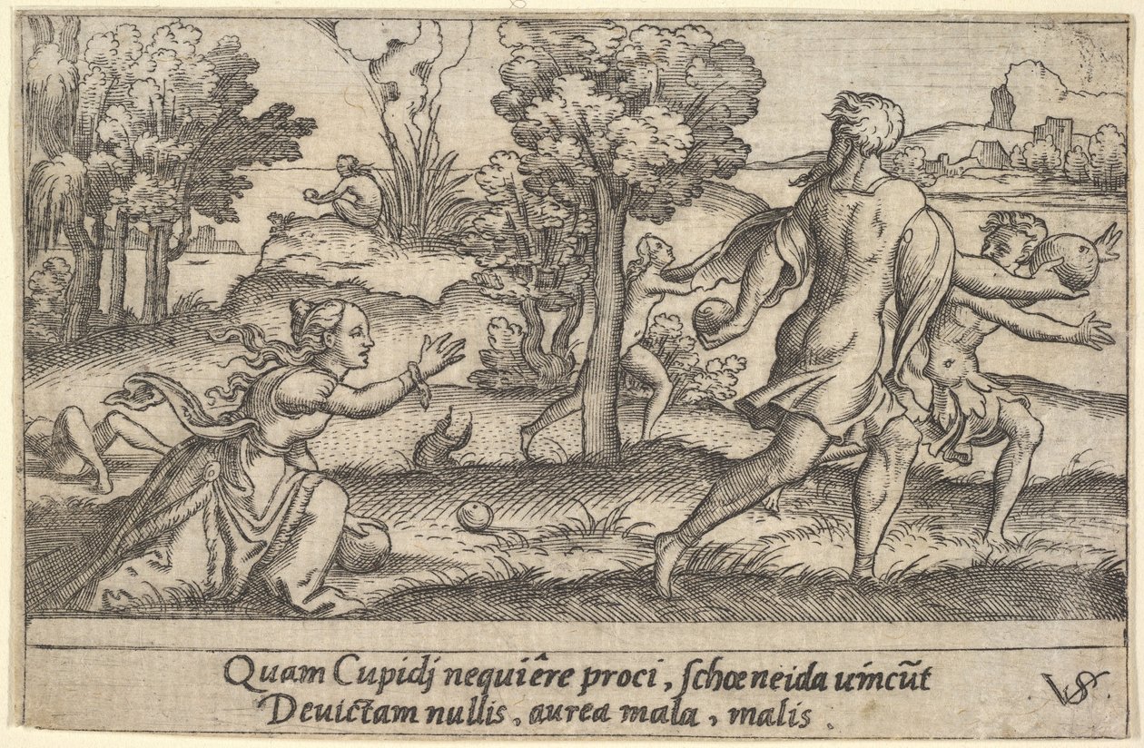 Atalanta och Hippomenes, i förgrunden Atalanta knäböjer för att plocka upp ett äpple och..., ca. 1535-62. av Virgil Solis