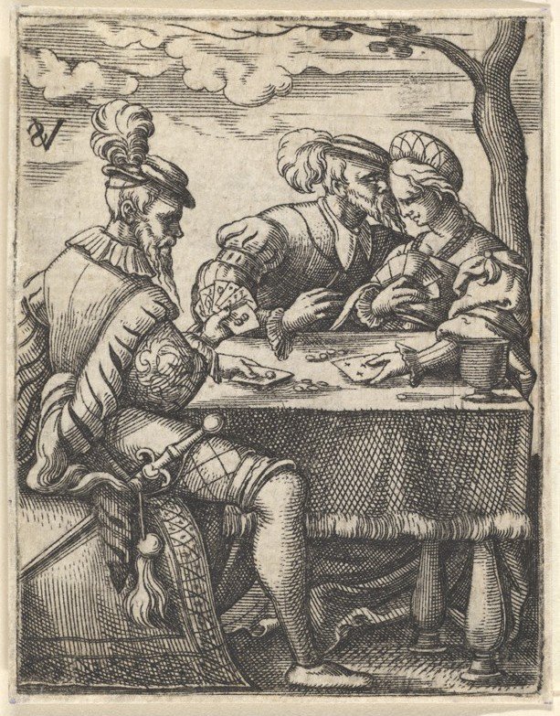 Två män och en kvinna som spelar kort vid ett bord, en man trycker näsan mot ..., ca. 1535-62. av Virgil Solis