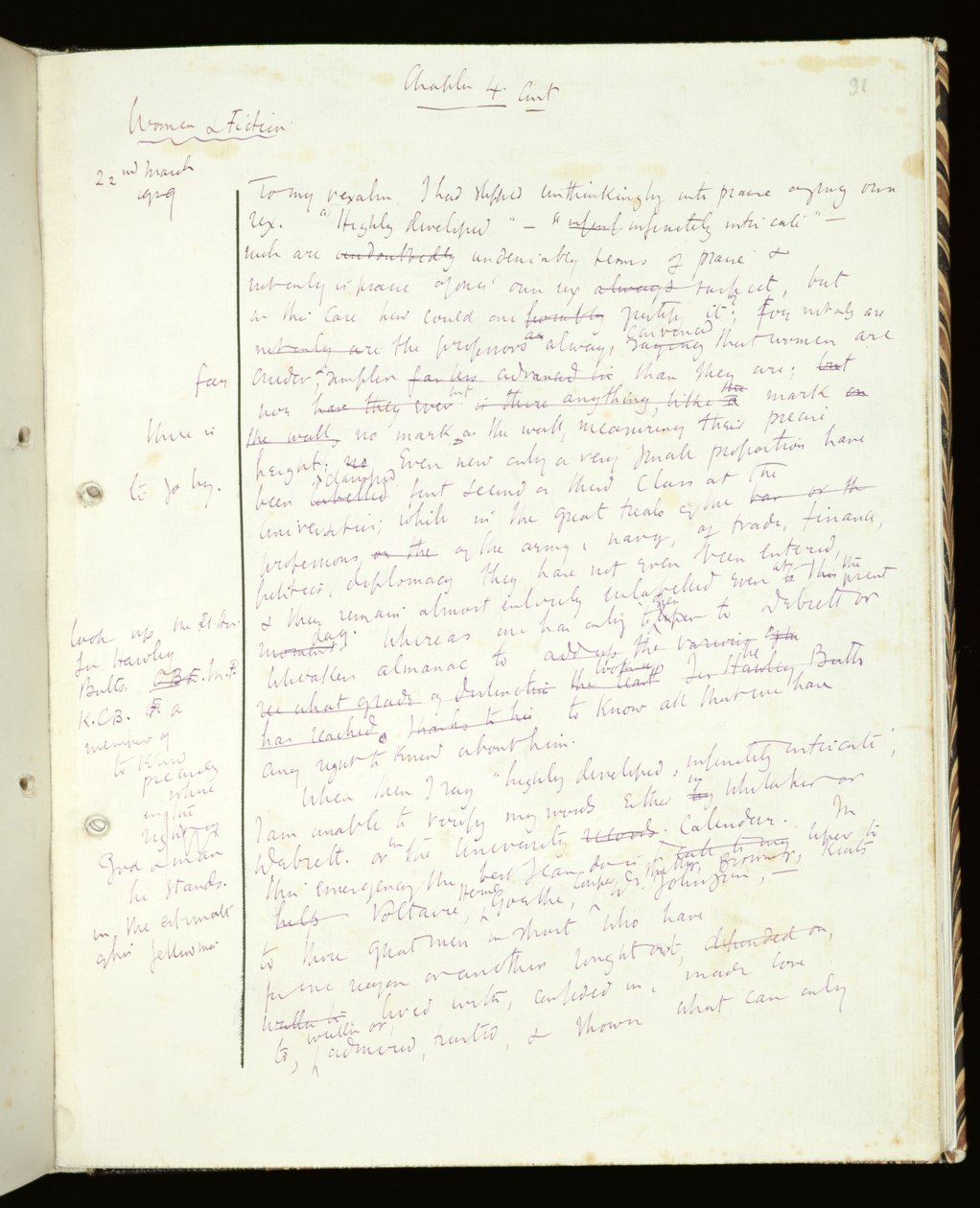 Ms 1-1942, s.91 Sida från Women in Fiction, publicerad som A Room of Ones Own, 1929 (bläck på papper) av Virginia Woolf