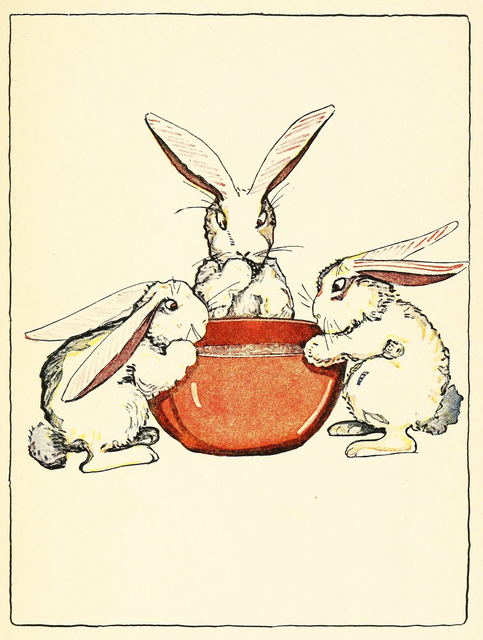 Flopsy, Mopsy och Cotton-Tail hade bröd och mjölk och björnbär till middag, från The Tale of Peter Rabbit, pub. 1916 (lito i färg) av Virginia Albert