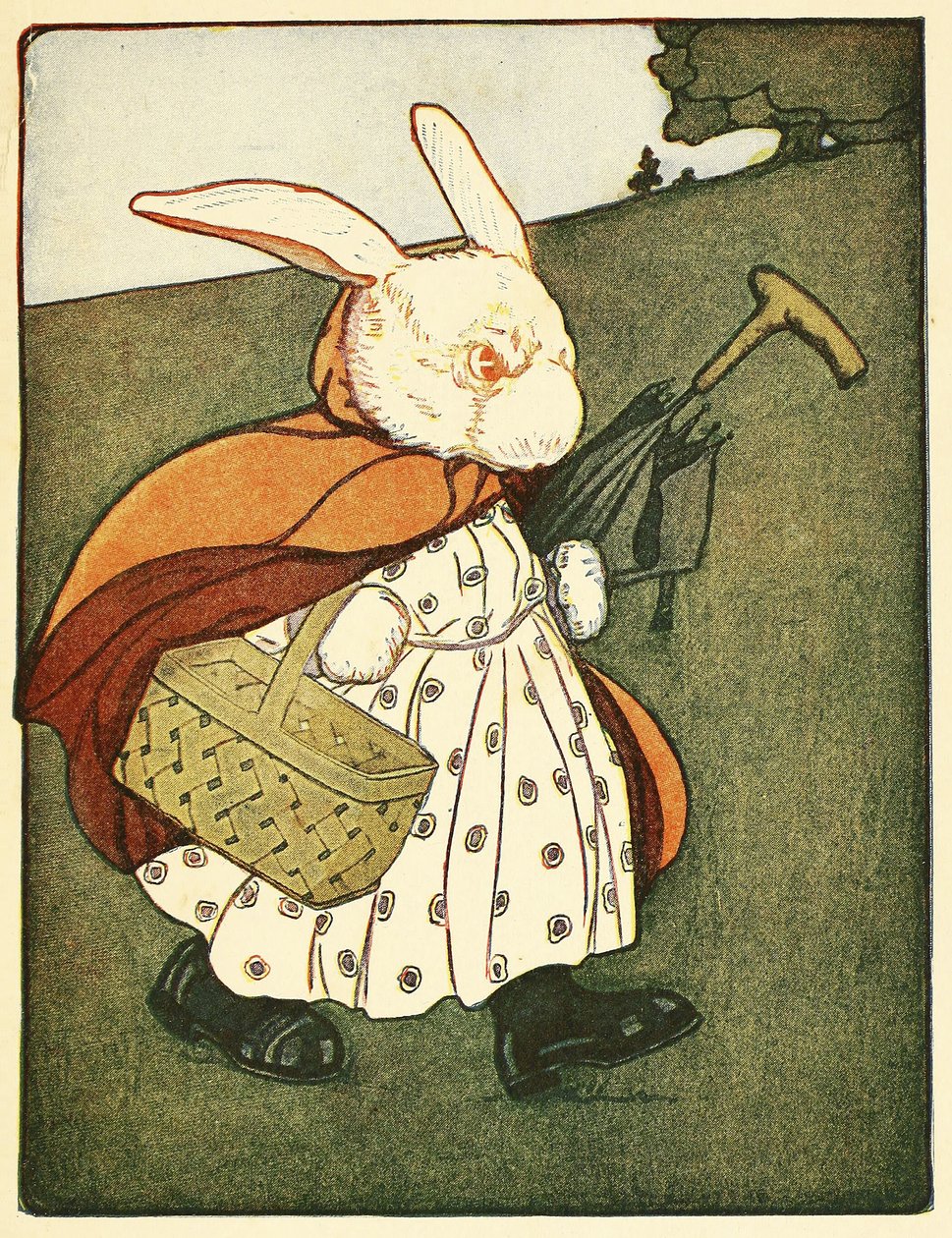 Sedan gick gamla fru kanin genom skogen till bagaren, från The Tale of Peter Rabbit, pub. 1916 (lito i färg) av Virginia Albert