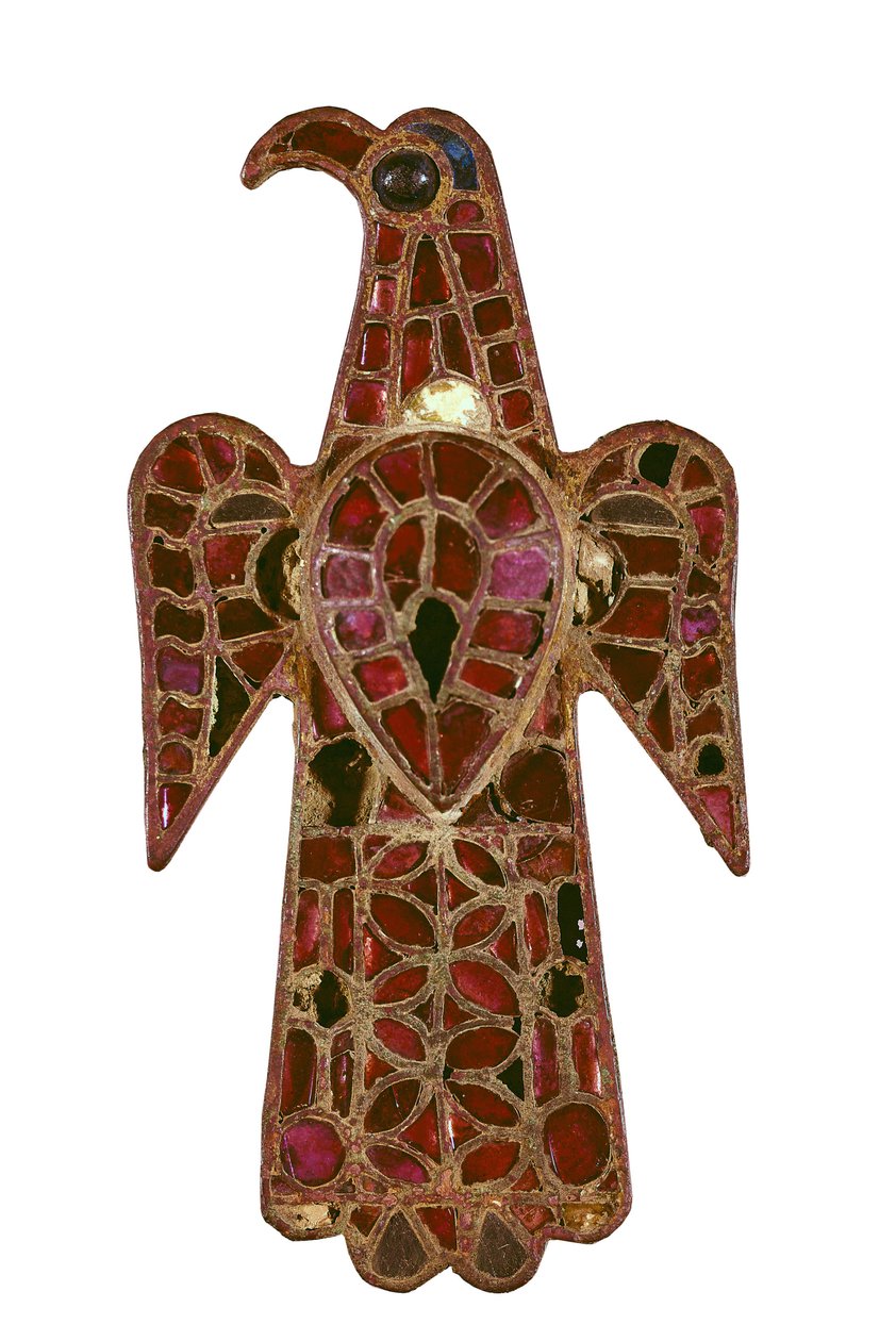 Ivrig formad visigotisk fibula, 600-tal, brons och glaspasta av teknisk cloisonne av Visigothic Visigothic