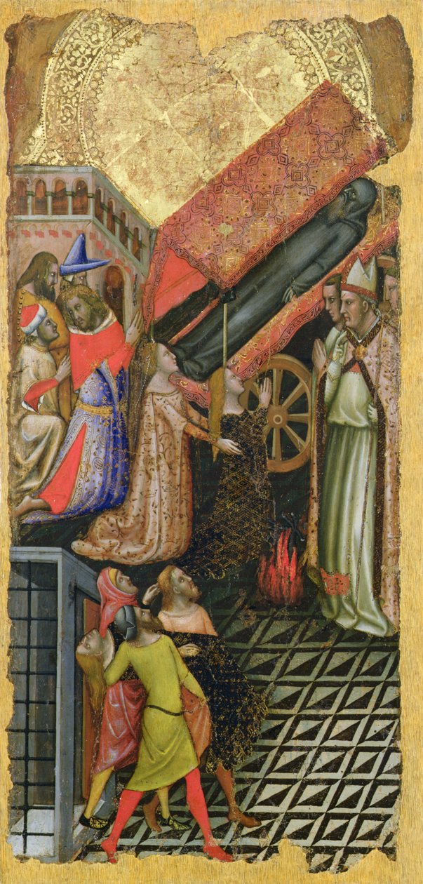Helande av kejsar Konstantins dotter, Sankt Antonius begravning (överst); Kejsar Konstantins dotter besatt av djävulen (nederst) av Vitale da Bologna