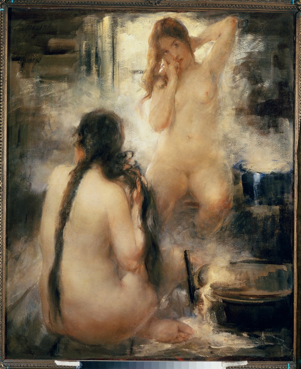 Dans un bain devapor (bastu) - I ett ångbad - Två nakna unga kvinnor som kammar sitt hår och njuter av fördelarna med traditionell rysk hydroterapi - Målning av Vitali Gavrilovich Tikhov (1876-1939), olja på duk, tidigt 1900-tal - Rysk konst -Samla av Vitali Gvrilovich Tikhov