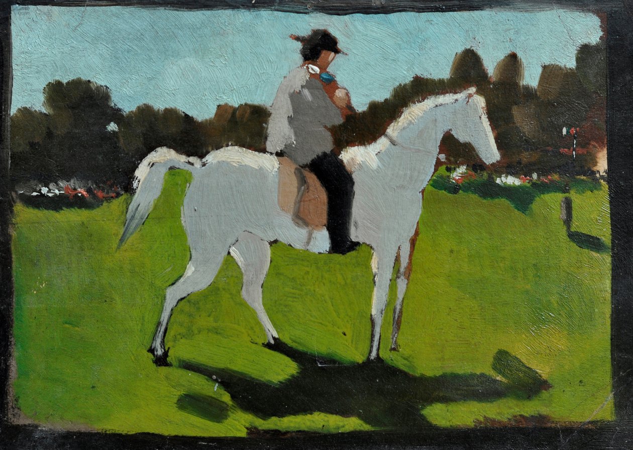 Vit häst med jockey (olja på papper på skiva) av Vito d