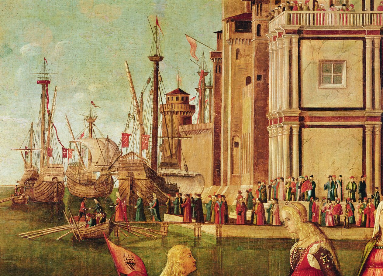 Detalj av mötet mellan Etherius och Ursula och pilgrimernas avgång, från St. Ursula-cykeln, ca 1490-96 (detalj av 56472) av Vittore Carpaccio