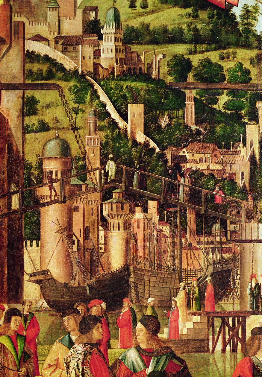 Detalj av mötet mellan Etherius och Ursula och pilgrimernas avfärd, från S:t Ursula-cykeln, ca 1490-96 (detalj av 56472) av Vittore Carpaccio