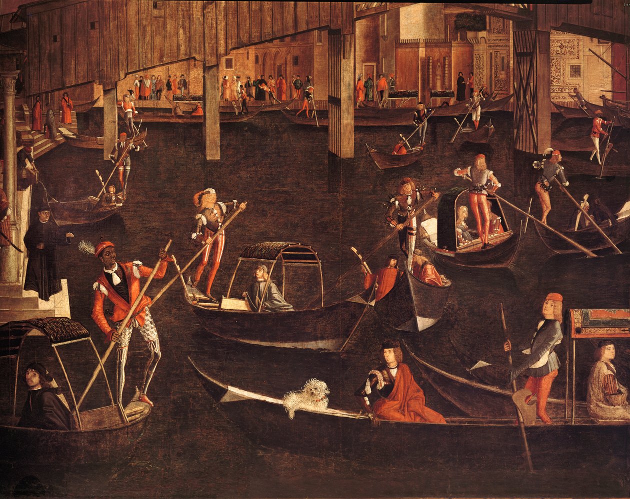 Gondoliers på Canal Grande, detalj från Miraklet av reliken från det sanna korset på Rialtobron, 1494 olja på duk-detalj från 119437 av Vittore Carpaccio