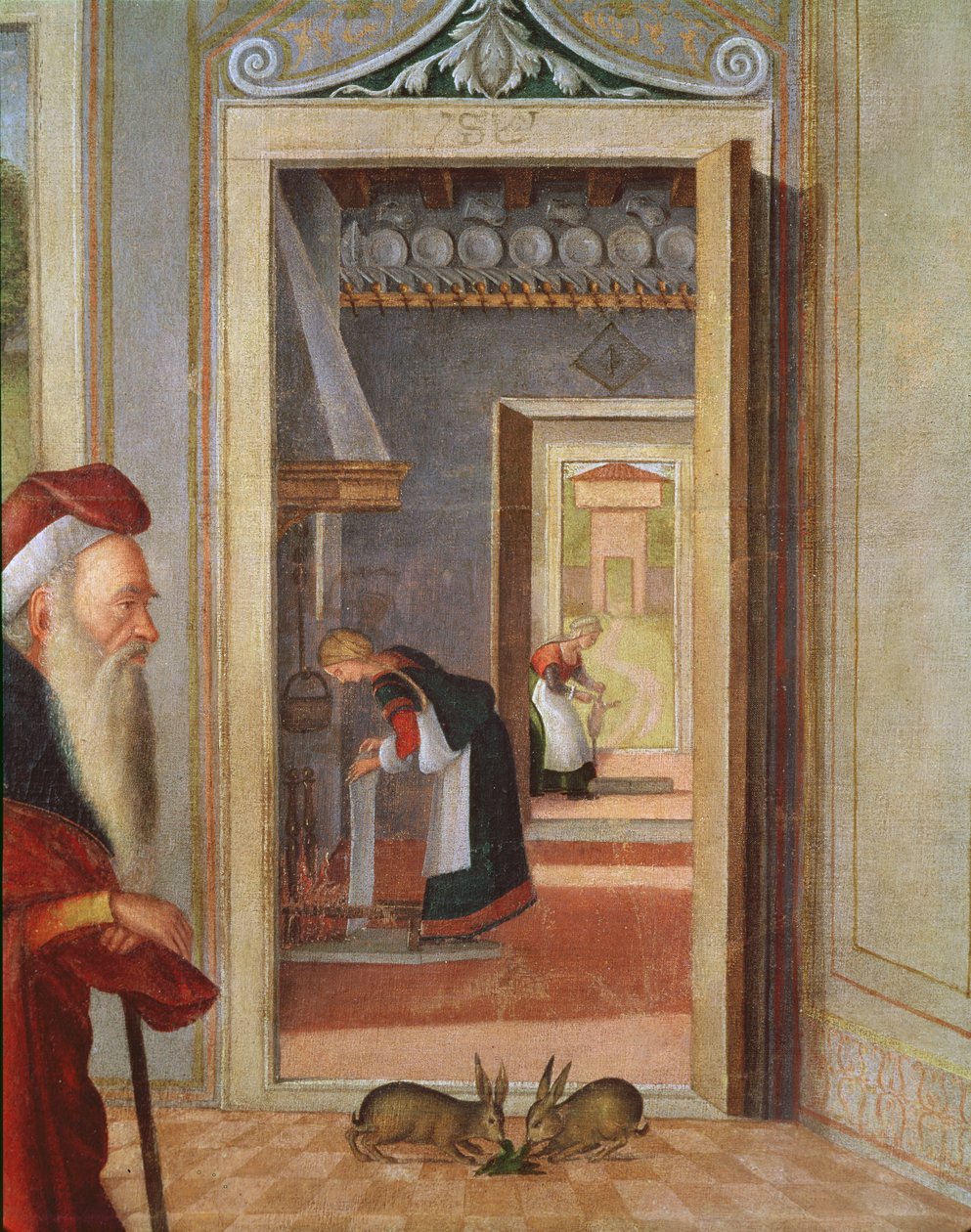 Jungfruns födelse, detalj av tjänare i bakgrunden, 1504-08 (detalj av 352330) av Vittore Carpaccio