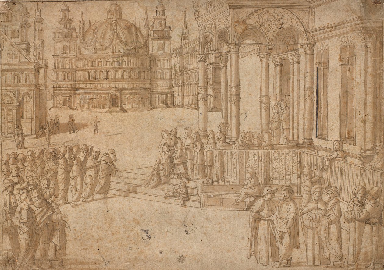 Efter Carpaccio - Jungfru Marie bebådelse i templet ca 1500-20 av Vittore Carpaccio