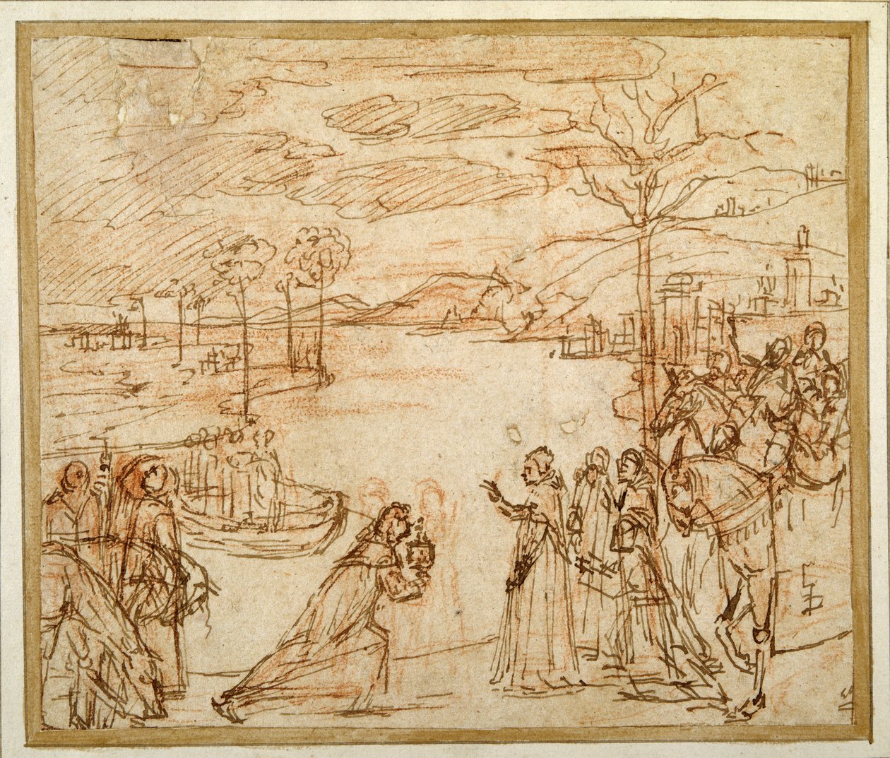 Kardinal Bessarion presenterar för tre representanter för Scuola della Carita i Venedig relikskrinet med ett fragment av det sanna korset (penna och bläck över krita på papper) av Vittore Carpaccio