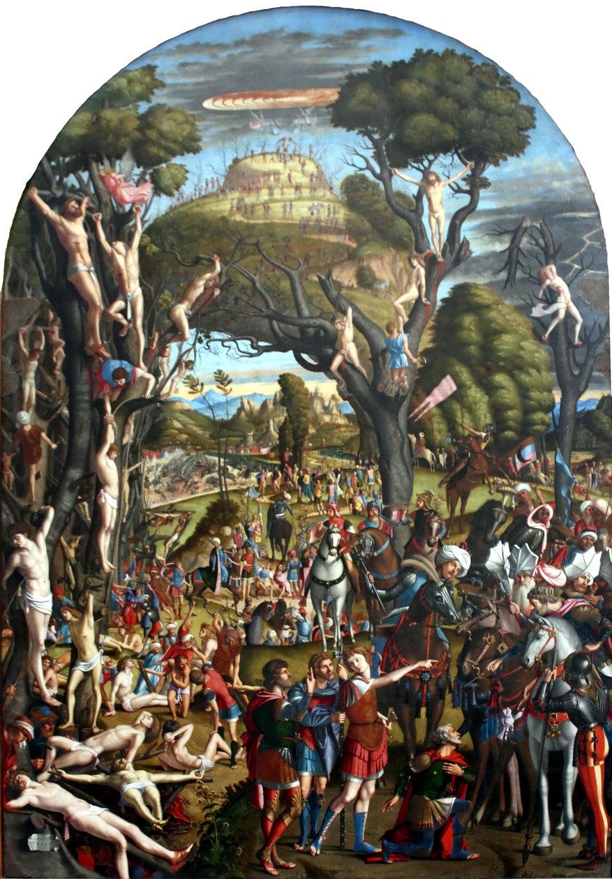 Korsfästelse och apoteos av de tiotusen martyrerna på berget Ararat. av Vittore Carpaccio