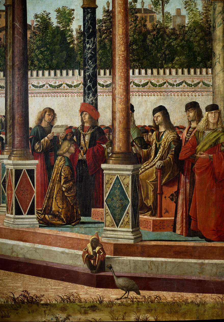 Cykel av livet för Saint Ursula (bretonsk prinsessa). Tredje avsnittet: ambassadörernas återkomst till kungen av England. Detalj som representerar kungen. Utdrag från legende doree av Jacques de Voragine (ca 1228-1298). Målning av Vittore Scarpazza dit av Vittore Carpaccio