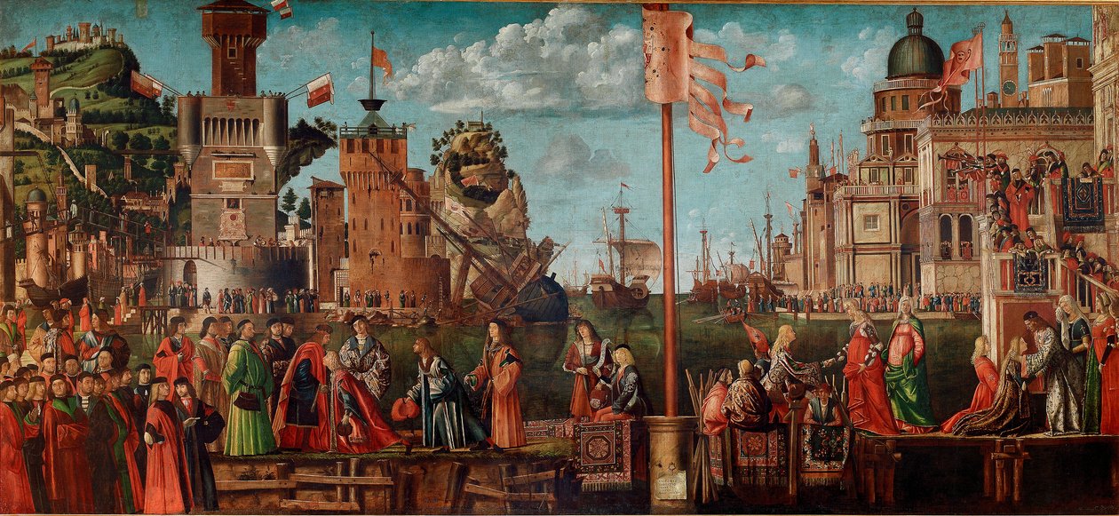 Cykel av Saint Ursulas liv, fjärde avsnitt: Förlovningsmötet och avgången i Pelerinage. (olja på panelen av Vittore Carpaccio