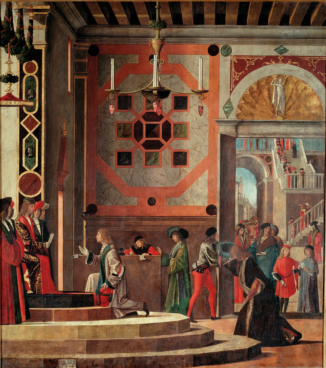 Cykel av Saint Ursulas liv, andra bordet: Adjö (eller avgång) av ambassadörer. (olja på panelen av Vittore Carpaccio