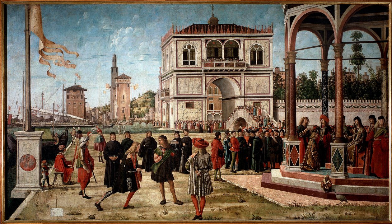 Cykel av Saint Ursulas liv, tredje avsnitt: ambassadörernas återkomst till kungen av England. (olja på panelen av Vittore Carpaccio