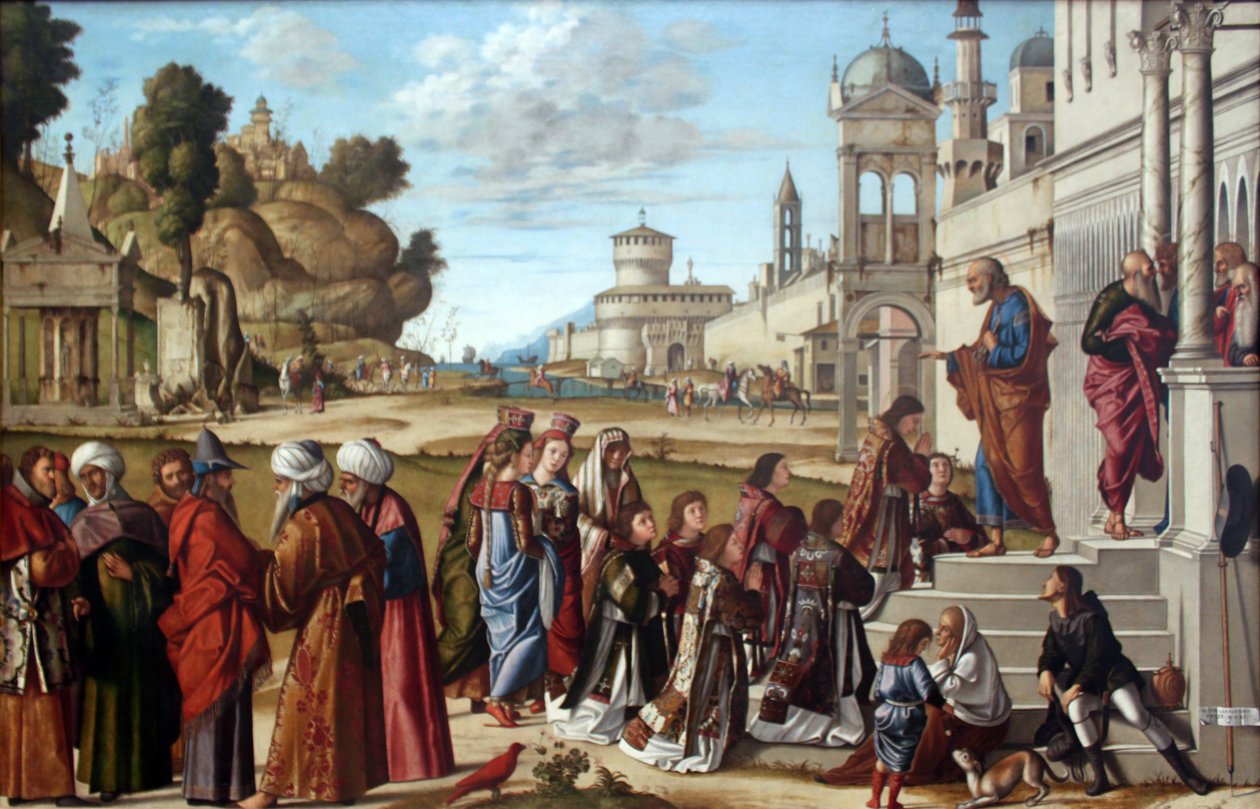 Tyska: Die Weihe des Heiligen Stephanus zum Diakon Invigning av S:t Stefan till diakon av Vittore Carpaccio