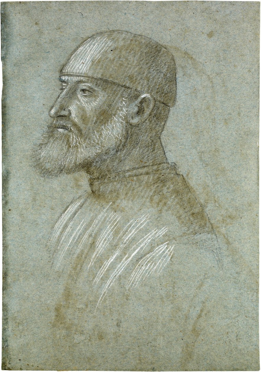 Huvudet på en skäggig man med keps, i profil åt vänster av Vittore Carpaccio