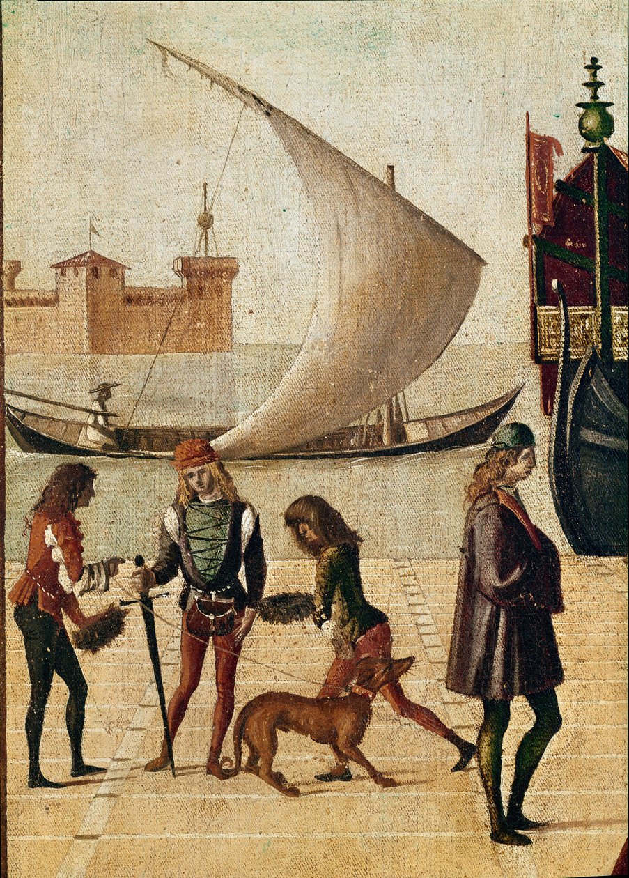 Legend of St Ursula: detalj ankomst av ambassadörerna (från den gyllene legenden av Jacopo da Varagine) (temperaa på duk av Vittore Carpaccio