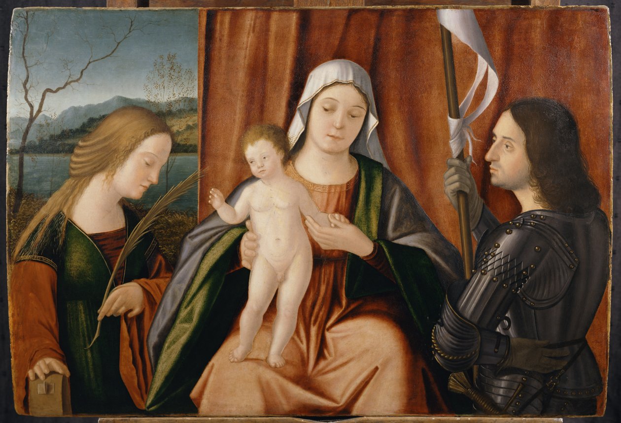 Madonna och barn med Saints Catherine of Alexandria och antingen George eller Liberale av Vittore Carpaccio