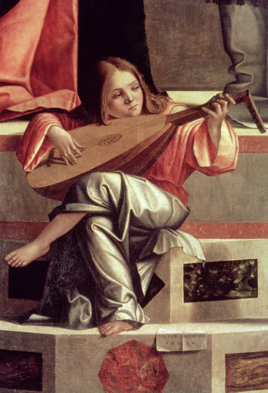 Minstrelängel som spelar luta, detalj från Jesu framställning i templet av Vittore Carpaccio
