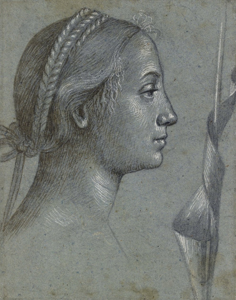 Recto: Head of a Woman with a Pennant lindad runt en påle (svart krita med brun tvätt, förhöjd med vit kroppsfärg på ljusblågrått papper) av Vittore Carpaccio