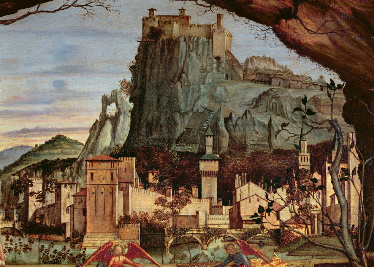 Sacra conversazione, detalj av staden och slottet i bakgrundspanelen detalj av 84002 av Vittore Carpaccio