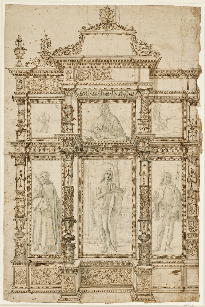 Studera för en altartavla med sex bilder satta i en utsmyckad struktur av ramar. Överst: Stigmatiseringen av St Francis, Madonna och Child, St Hieronymus i vildmarken; längst ner: Sts Lawrence, Sebastian och Roch av Vittore Carpaccio