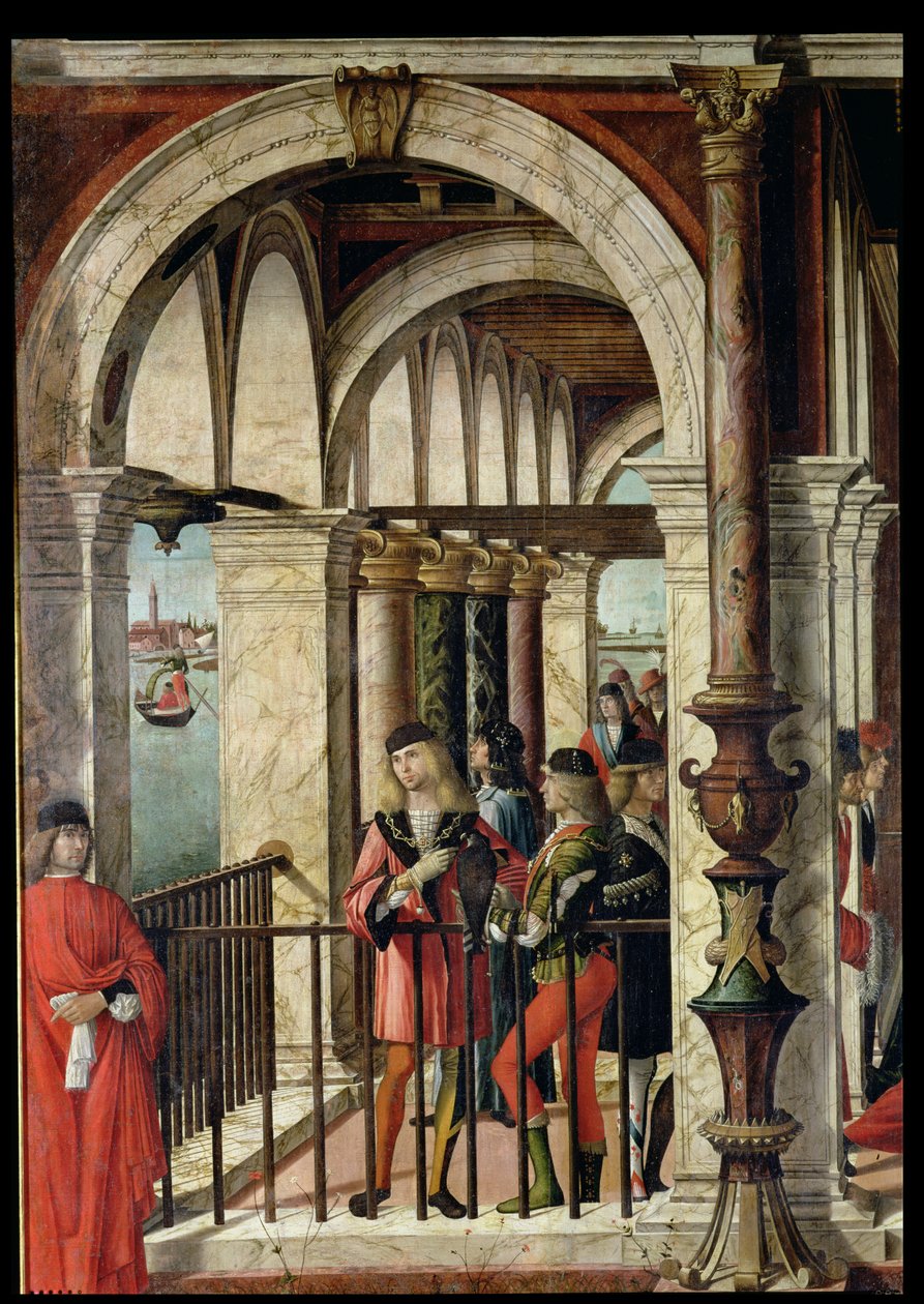 The Arrival of the English Ambassadors, detalj, från St. Ursula-cykeln, 1498 olja på duk-detalj av 119435 av Vittore Carpaccio