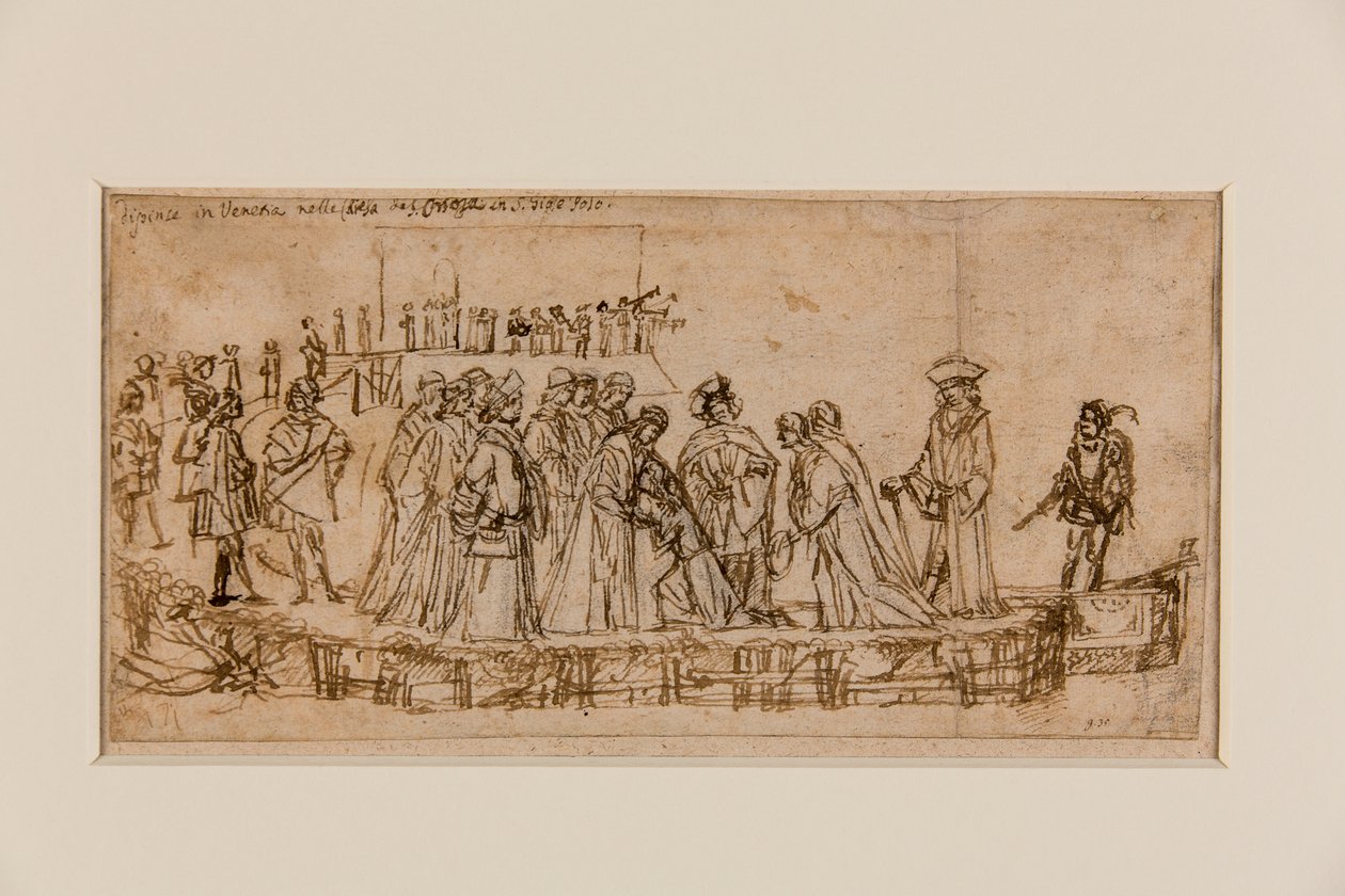 Den engelske prinsen Conan tar avsked med sin far (penna och bläck över krita på papper) (recto of 5933931) av Vittore Carpaccio