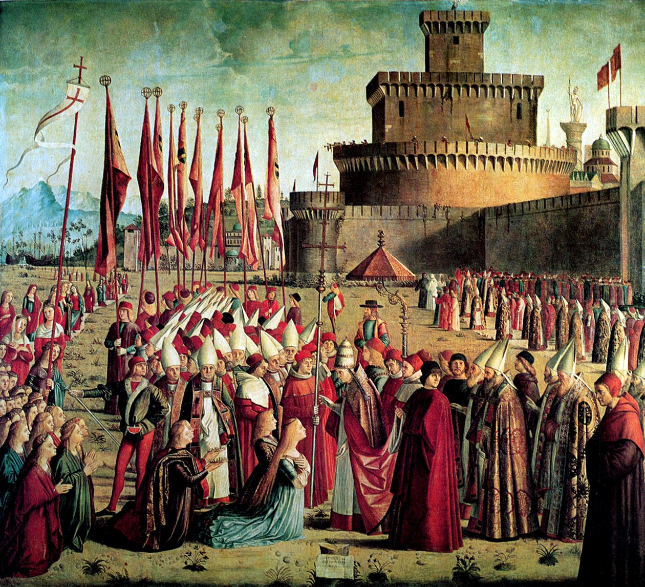 Pilgrimerna möts av påven Cyriacus framför Roms murar Legenden om Saint Ursula, 1497 av Vittore Carpaccio