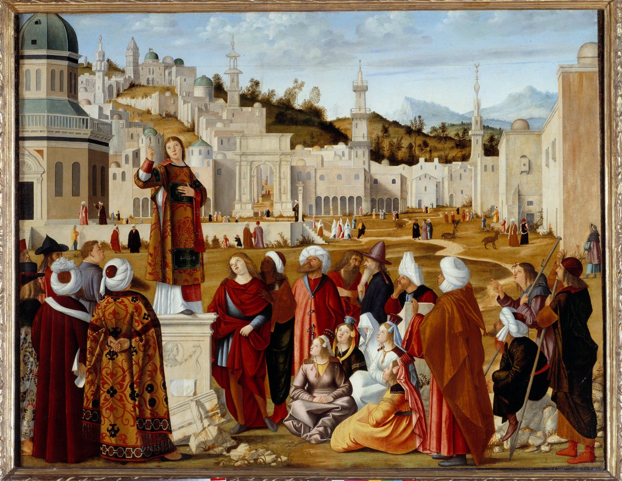 Förutsägelsen av St. Stephen i Jerusalem Målning del av en serie utförd för kapellet i Scuola si Santo Stefano i Venedig. Målning av Vittore Carpaccio (1450/54-1525/26) Sön. 1,4x1,9 m - St. Stefans predikan (St. Etienne) i Jerusalem. Det av Vittore Carpaccio