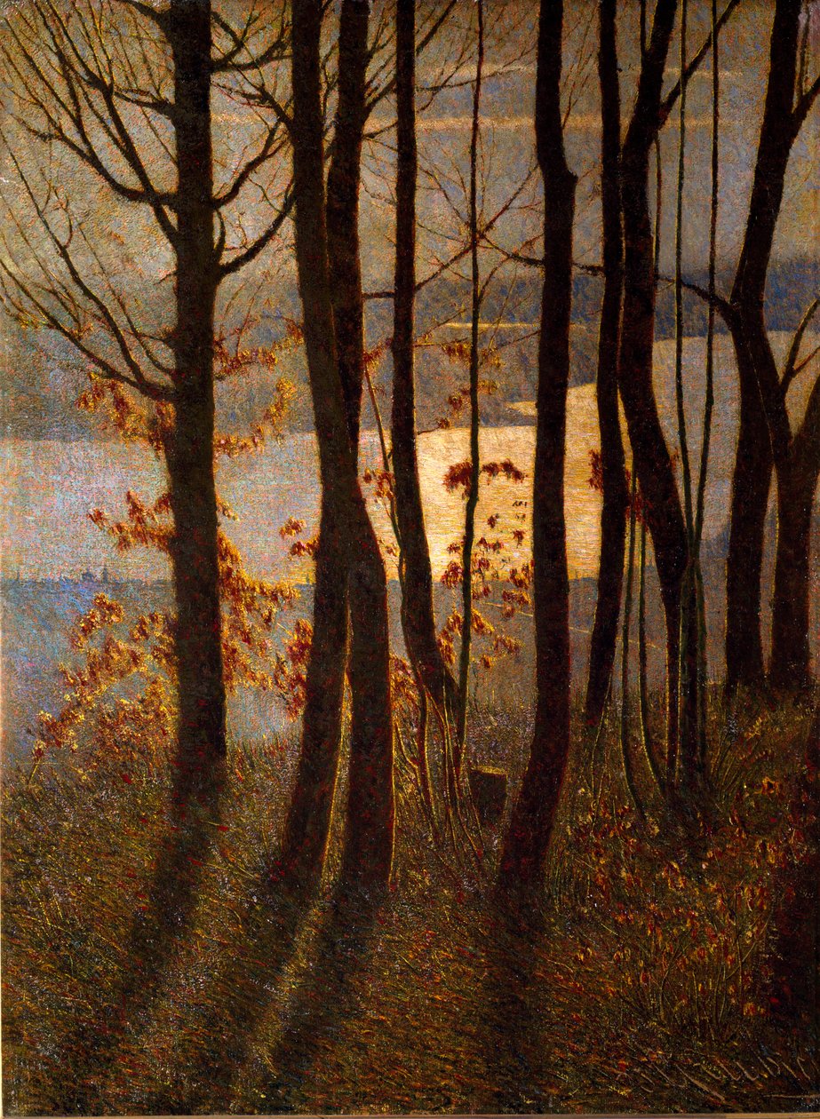 Morgon eller "" Pantheistic Poem"" Landskap av undervegetation nära en vattenmassa i gryningen. Målning av Vittore Grubicy av Dragon (1851-1920) Milano, Galleria d