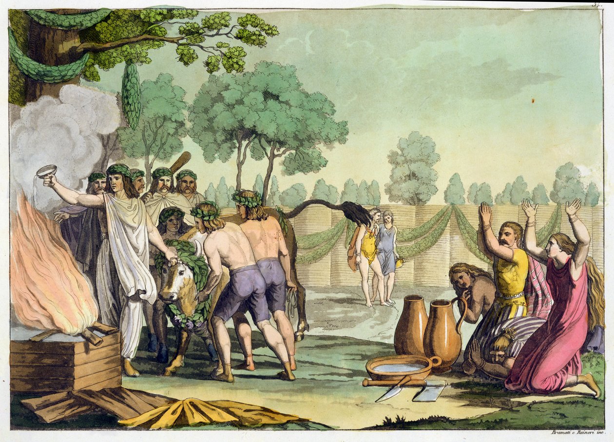 Forntida kelter eller galler som offrar en ko, ca 1800-18 av Vittorio Raineri