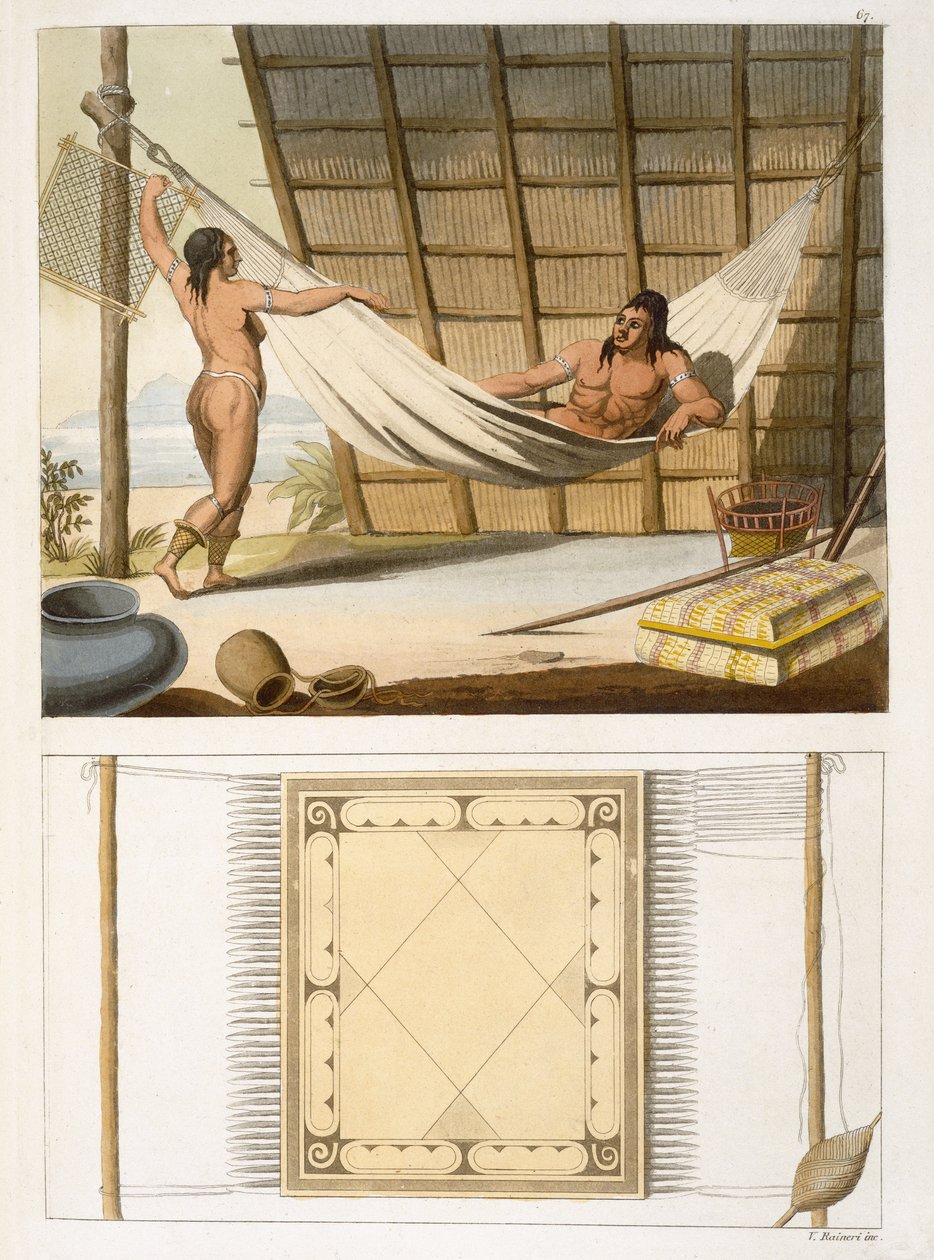 Interiörscen med indianer (färggravyr) av Vittorio Raineri