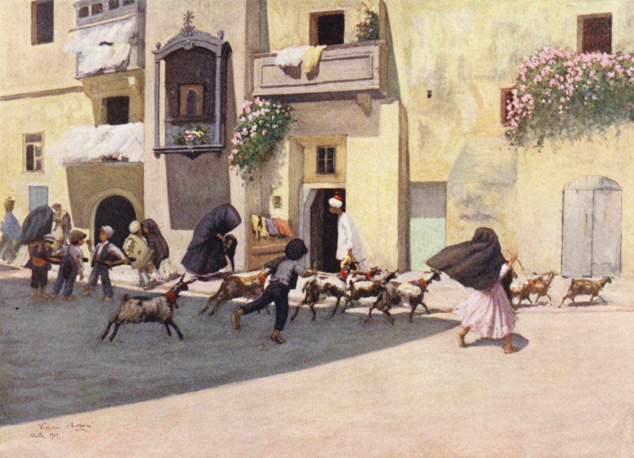 Malta: Ett typiskt hörn: Ett typiskt hörn i en populär stadsdel i Valletta (färglitografi) av Vittorio Boron