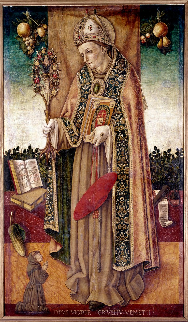Representation av Saint Bonaventure (San bonaventura) som håller trädet för återlösning Bonaventure Tolomei var en dominikan i Siena som dog 1348 av pesten”” Målning av Vittore Crivelli (1440-1502) 1500-talets Paris, Musee Jacquemart Andre av Vittorio Crivelli