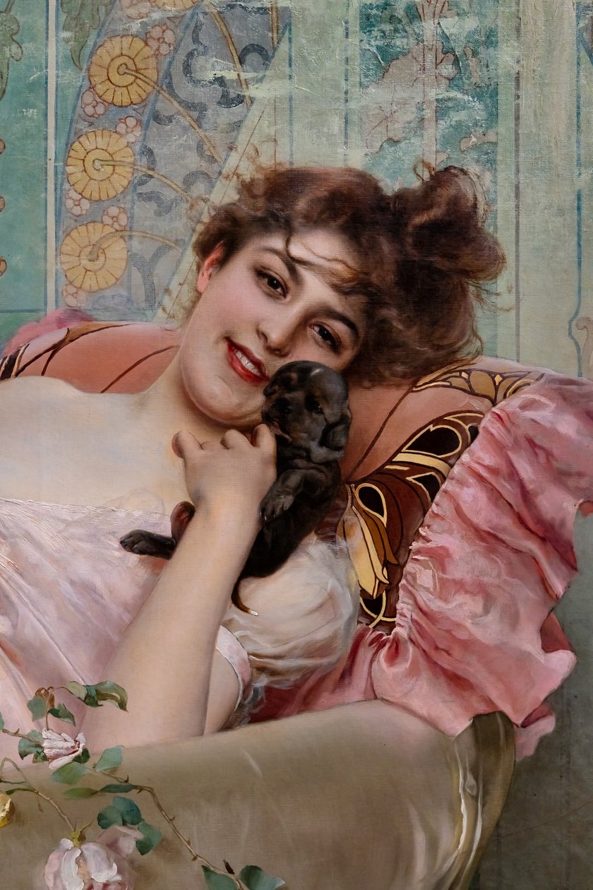 Dam med en liten hund, detalj av Vittorio Matteo Corcos
